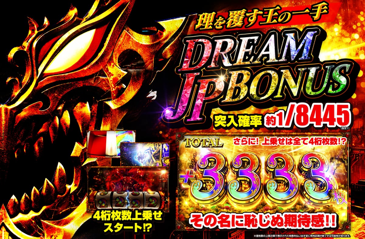 DREAM JP BONUS - 突入確率約1/8445・TOTAL+3333枚・4桁枚数上乗せスタート